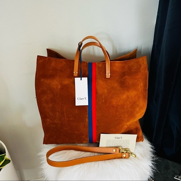 Clare V. Simple Tote Hobo Bag, Crossbody Strap, Chestnut Suede Stripe, NWT - Picture 7 of 16